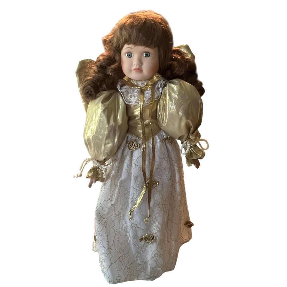 Porcelain Angel Doll Gold White Lace Dress Curly Brown Hair Decor Collectible